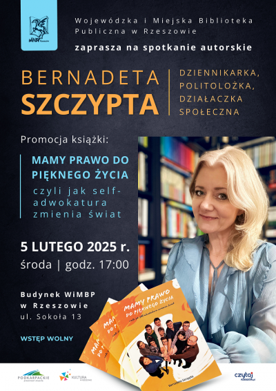 Grafika promująca spotkanie z Bernadetą Szczyptą 1